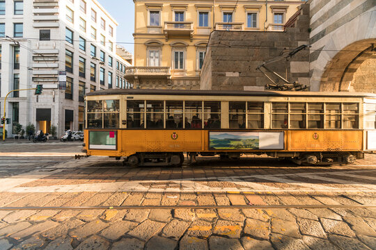 Old tram at Archi di Porta Nuova, Alessandro Mansioni Street in Milano