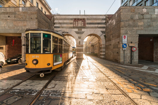 Old tram at Archi di Porta Nuova, Alessandro Mansioni Street in Milano
