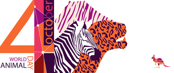 stylized poster Design for world animal day in trendy colors of autumn. Image of a zebra, tiger heads in geometric style . EPS10
