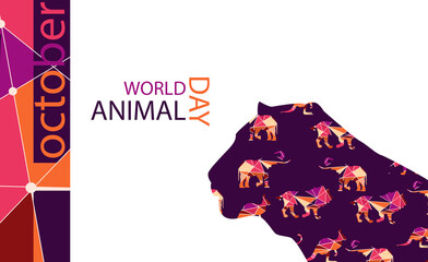 stylized poster Design for world animal day in trendy colors of autumn. Image of a tiger head in print of wild animals  . EPS10