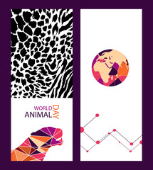 stylized poster Design for world animal day in trendy colors of autumn. Image of a tiger head, world in geometric style and print of tiger. EPS10