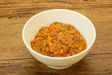 Traditional Georgian Kharcho soup with meat
