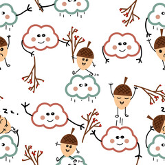 Autumn seamless pattern with acorns on clouds