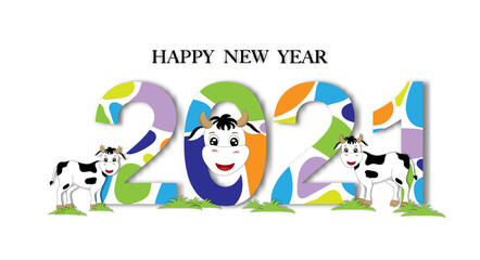 2021 and HAPPY NEW YEAR font with cow skin pattern on white background, Creative cute colorful paper cut art design for Greeting card in Year of ox for flyers, posters, banners and calendar