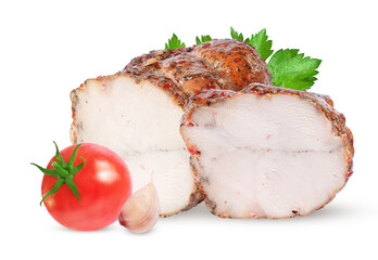 chicken ham with spices and tomatoes on a white background