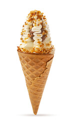 Creamy ice cream cone with nuts on a white background. Isolated