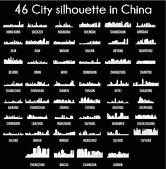 Set of 46 City silhouette in China ( Hong Kong, Shenzhen, Shanghai, Beijing, Xian, Wuxi, Guangzhou Ningbo, Xiamen, Hangzhou, Suzhou, Shenyang, Fuzhou, Macau, Jiangmen, Foshan, Jinan, Hefei, Qingdao )