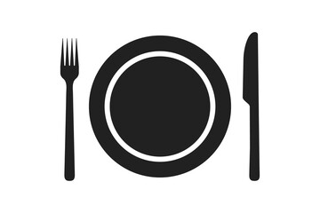 Fork knife and plate icon vector illustration for meal, dinner or lunch food eat symbol. Cooking cutlery flat graphic silhouette isolated on white background for restaurant place. Black pictogram V2