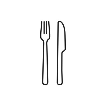 Fork and knife icon flat vector illustration. Flat thin outline restaurant cutlery for dining isolated on a white background designed for pub, cafe, and food court symbol or logo. You can edit line V3