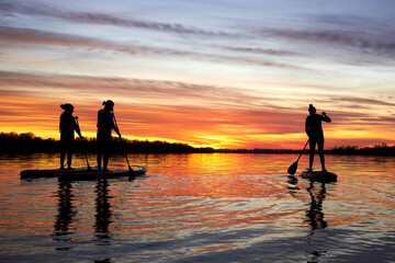 SUP silhouettes of people standing with a paddle on paddle on stand up paddle boarding (sup) at...