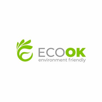 Eco logo design. Ok logo template. Hand leaf logotype. E letter design. OK for the ecology icon. Environment friendly. Sustainable. Green.