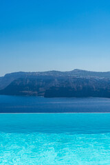 Swimming pool over Santorini caldera. Akrotiri, Santorini island, Cyclades, Greece, Europe