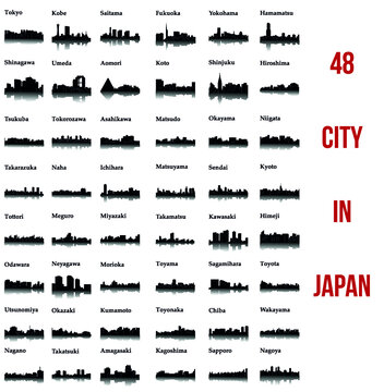 Set of 48 City silhouette in Japan ( Tokyo, Hiroshima, Hamamatsu, Fukuoka, Okazaki, Toyota, Kawasaki, Kyoto, Umeda, Kumamoto, Meguro, Koto, Aomori, Shinjuku, Himeji, Odawara)