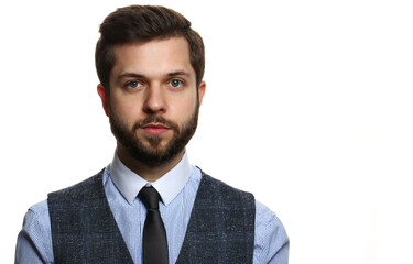 Handsome smiling adult bearded brunette caucasian person wearing glasses and shirt look in camera headshot isolated over white background. White collar guy dress code modern lifestyle joy concept