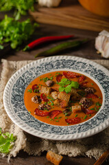 Goulash soup with beef and spicy sausage