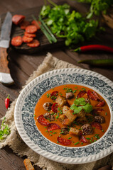 Goulash soup with beef and spicy sausage