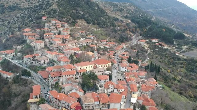 Aerial view over the beautiful historical village Dimitsana during winter period in Arcadia, Peloponnese, Greece