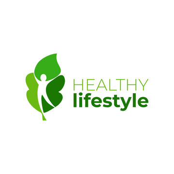 Healthy lifestyle logo template. Lifestyle vector design. Wellness logotype. Leaf with a woman silhouette in negative space.