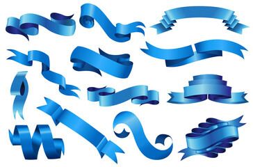 Flat vector ribbons banners flat isolated on white background. Modern Design. Illustration set of blue tape and bow
