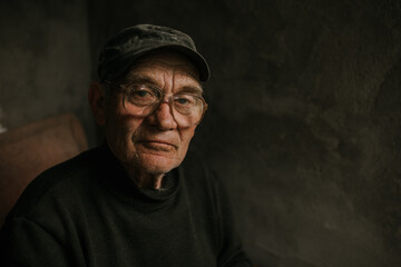 Obraz premium Pensive old man in glasses with gray hair looks away. wrinkles. wisdom. against a dark gray texture wall. bald head. in a knitted sweater. Portrait.