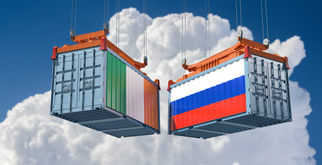 Freight containers with Ireland and Russia flag. 3D Rendering 