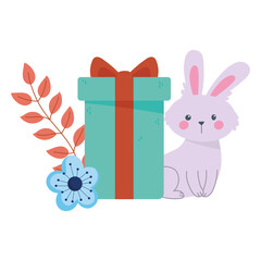 cute rabbit with gift box and flower autumn season isolated icon style