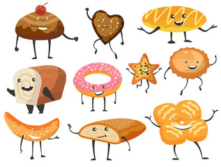 Bread bakery assortiment. Various funny bread characters flat icon set. Cartoon funny emoticon face of food