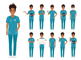 Female african woman nurse character set in different poses isolated vector illustartion