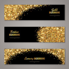 Horizontal Black and Gold Banners Set, Greeting Card Design. Golden Dust. Vector Illustration. Happy New Year and Christmas Poster Invitation Template. Place for your Text Message.