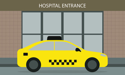Yellow taxi near the hospital entrance