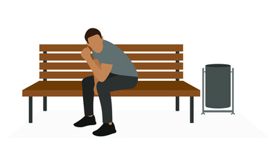 Fototapeta premium Male character sitting on a bench near a metal urn