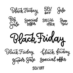 Black Friday Sale typography text collection isolated on white background. Linear hand lettering. Retail promotion banner design vector template with decoration font for discount offer or clearance
