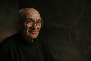 Pensive old man in glasses with gray hair looks away. wrinkles. wisdom. against a dark gray texture wall. bald head. in a knitted sweater. Portrait.