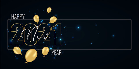 Happy New Year 2021 and Merry Christmas greeting card with empty space for greeting text in frame. Golden numbers and air balloon on black background with glowing stars light. Vector illustration