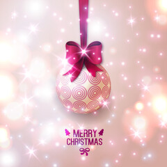 Beige Christmas bauble on light background. Vector illustration. Christmas ball with purple bow. Sparkles. Place for your text message. Fashionable New year backdrop.