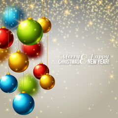 Christmas background with colorful baubles. Vector illustration. Lights, sparkles. Design for invitations or announcements. Season greetings.