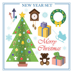 A set of flat illustrations for new year and Christmas. Vector set of isolated images Christmas tree, Christmas wreath on the door, Packed gifts under the tree, clock, firecrackers. Bright objects for