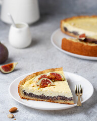 Sand cake with poppy seeds, cottage cheese and figs, light photo