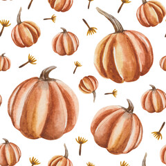 Watercolor seamless pattern of ripe pumpkins straight from the garden. Ideal for Halloween, Thanksgiving or Fall Fair products. Elements are hand-drawn and exclusive