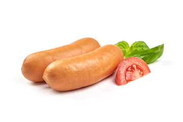 Boiled sausages with basil, isolated on white background
