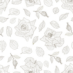 Floral composition. Vector graphic seamless pattern with pink roses on a white background. Silhouette illustration