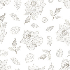 Floral composition. Vector graphic seamless pattern with pink roses on a white background. Silhouette illustration