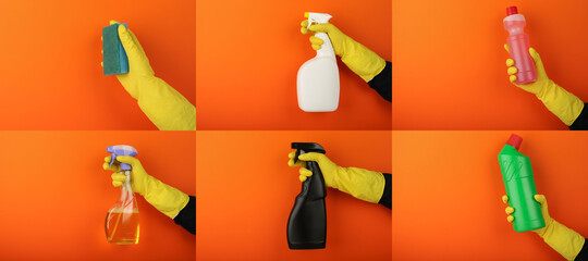 hand is holding detergent products. collage of photos