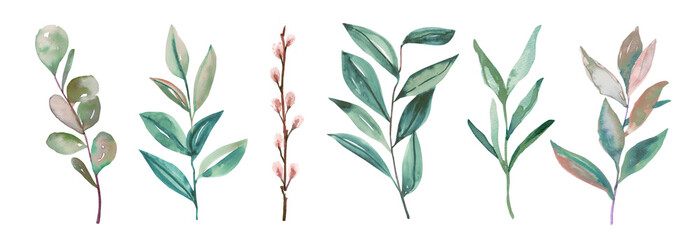 Naklejka premium Watercolor hand painted botanical autumn leaves and branches illustration isolated on white background