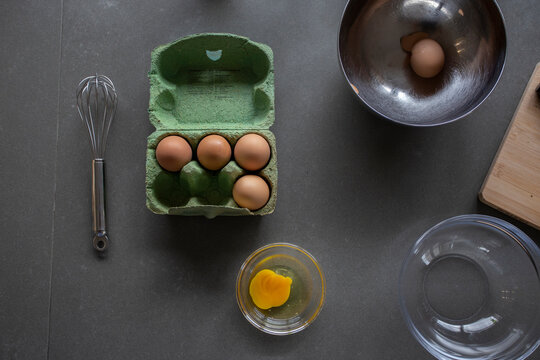 Overhead view of scrambled eggs preparation