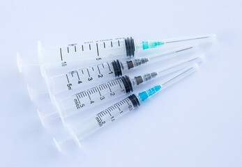 Syringes. Medical equipment. Pharmacy. Medical products. Syringes of different volumes. Concept -...