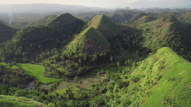 Tropical Philippines green rainforest mounts aerial view. High grass lawn of Filipino landmark - Quitinday Hills: Pili Nut hilly of Camalig, Legazpi city, Albay. Nature reserve at Asian National Park