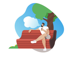 Caucasian man vaping in the park. Man with beard vaping outdoor. Vector illustration on white background.