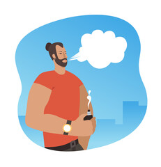 Caucasian man vaping in the street. Man with beard vaping outdoor. Vector illustration on white background.