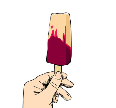 Hand Holding Ice Cream Bar On White Background. Cropped Image Of Woman Holding Ice Cream Bar. Vector Hand Drawn Illustration.